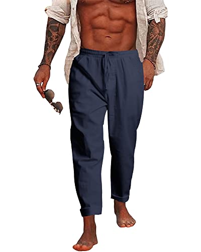 NANAMEEI Leinenhose Herren Lang Freizeithose Herren Leinen Hosen Herren Sommer Baggy Strandhose Herren Slim Fit Navy Blau M von NANAMEEI