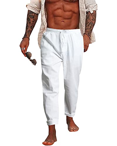 NANAMEEI Leinenhose Herren Lang Freizeithose Herren Leinen Hosen Herren Sommer Baggy Strandhose Herren Slim Fit Weiß M von NANAMEEI