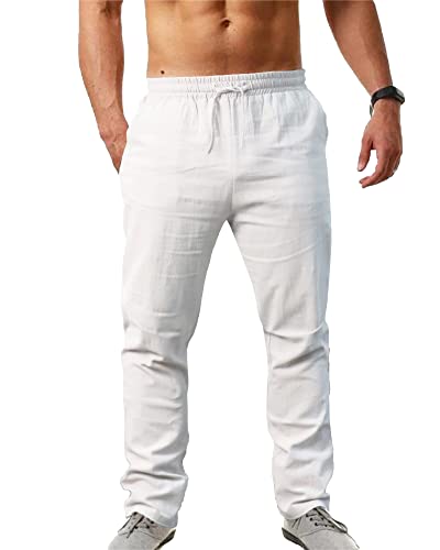 NANAMEEI Herren Leinenhose Lang Leicht Sommer Yoga Strand Lounge aus Baumwollmischung Weiß XL von NANAMEEI