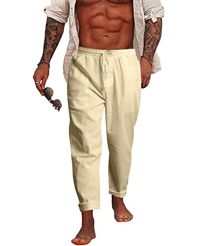 NANAMEEI Leinenhosen Herren Freizeithose Herren Lang Baggy Leinenhose Herren Lang Sommer Leichte Strandhose Herren Loose Fit Beige M von NANAMEEI