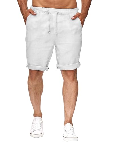 NANAMEEI Sommerhose Herren Shorts Herren Sommer Freizeit Leinen Stretch Baumwolle Elastische Taille mit Taschen Weiß 2XL von NANAMEEI