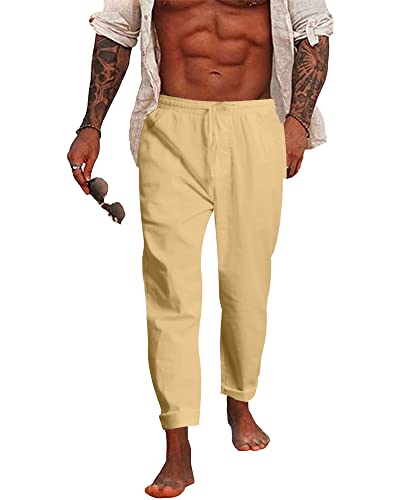NANAMEEI Leinenhose Herren Sommer Lang Regular Fit Strandhose Casual Yoga Khaki 2XL von NANAMEEI