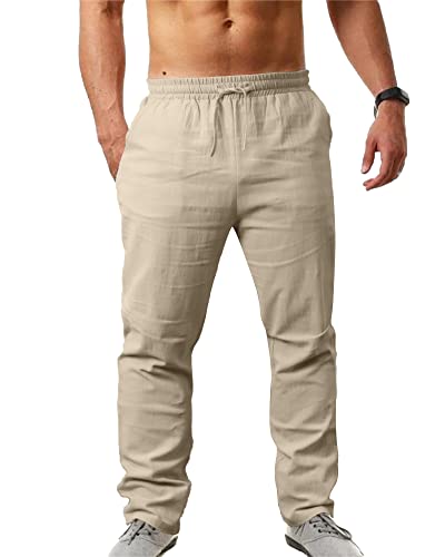 NANAMEEI Herren Leinenhose Lang mit Kordelzug Leicht Sommer Strand Einfarbig Taillenhose aus Baumwollmischung Khaki 2XL von NANAMEEI