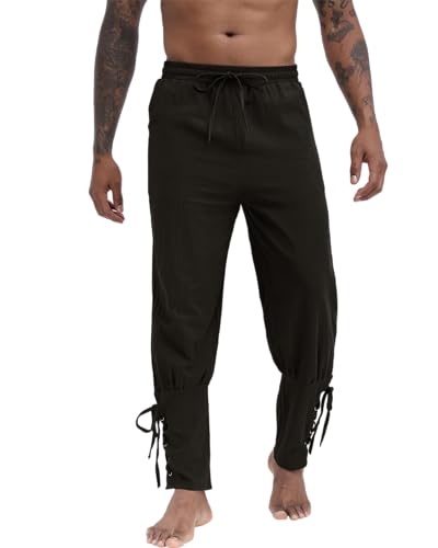 NANAMEEI Mittelalter Hosen Herren Lang Leinenhose Gothic Herren Kostüm Schnürhose Herren Wikinger Renaissance Steampunk Freizeithose Herren Schwarz M von NANAMEEI