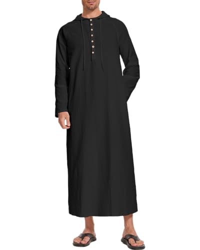 NANAMEEI Muslim Kaftan Herren Langes Nachthemd Leinen Ethnische Robe Lang Kostüm Schwarz 3XL von NANAMEEI