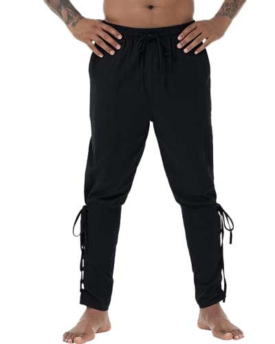 NANAMEEI Piratenhose Herren Knöchel Banded Pants Kostüm Schnürhose Wikinger Renaissance Steampunk Freizeithose Mittelalter Hose Cosplay Schwarz XL von NANAMEEI