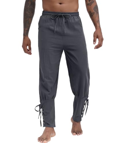 NANAMEEI Piratenhose Herren Mittelalter Leinenhose Gothic Schnürhose Wikinger Kostüm Grau XL von NANAMEEI