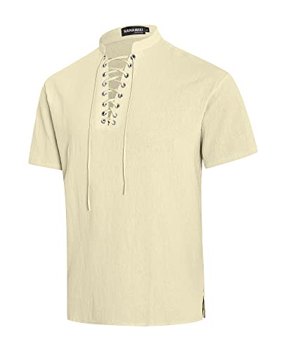 NANAMEEI Herren Leinenhemd Freizeit Hemden Long Sleeve Urlaub Shirt Sommerhemd Freizeithemd Beige 3XL von NANAMEEI