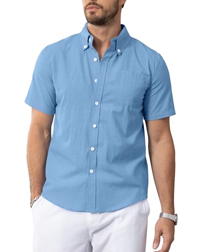 NANAMEEI Sommerhemd Herren Kurzarm Leinen Regular Fit Strandhemd Hellblau L von NANAMEEI