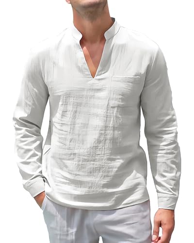 NANAMEEI Oberteil Herren Sommer Stehkragenhemd Herren Freizeithemd mit Brusttasche Weiß 2XL von NANAMEEI