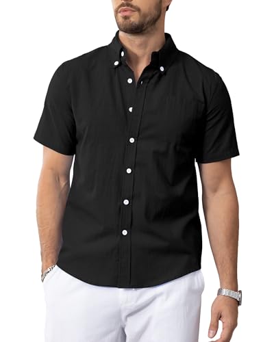 NANAMEEI Leinenhemd Herren Kurzarm Strandhemd Sommer Button Down Hemd Schwarz 2XL von NANAMEEI