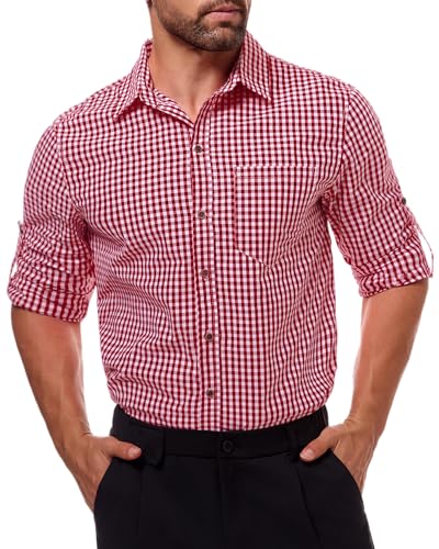 NANAMEEI Trachtenhemd Herren Hemd Kariert Oktoberfest Hemd Baumwolle Freizeithemden Karohemden Regular Fit Bayrisches Hemd Männer Winerot XL von NANAMEEI