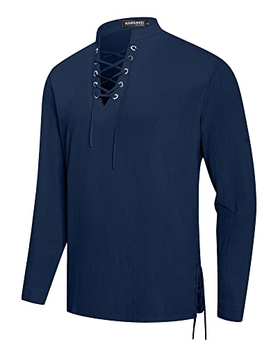 NANAMEEI Leinen Hemd Herren Langarm Mitteralterhemd Herren Henley Hemd Herren Langarm Navy Blau XL von NANAMEEI