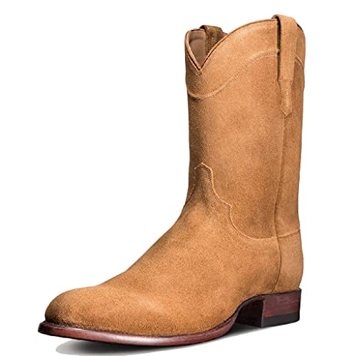 NANFAN Herren Wildleder Motorradstiefel Knight Biker Stiefel Western Cowboy Mittelhohe Reitstiefel Low Heel Round Toe Reitschuhe,Yellow-44 von NANFAN