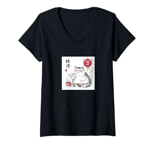 Damen Kawaii Katze isst Sushi Lustige Japanische Manga Anime Süße Katze T-Shirt mit V-Ausschnitt Damen Kawaii Katze isst Sushi Lustige Japanische Manga Anime Süße Katze T-Shirt mit V-Ausschnitt von NANKANDOIT Cat Cafe Harajuko Kawaii Cat Anime