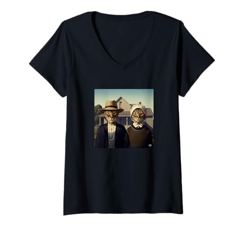 Damen Lustige Katze, berühmte amerikanische Gothic-Malerei, Katzenliebhaber, Katzenmutter T-Shirt mit V-Ausschnitt von NANKANDOIT Cat Van Gogh American Gothic Humor
