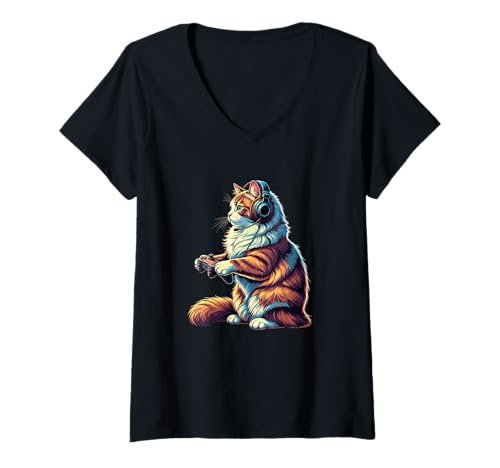 Damen Katze Lustige Videospiele Ragdoll Katze Kätzchen Kitty Gamers T-Shirt mit V-Ausschnitt Damen Katze Lustige Videospiele Ragdoll Katze Kätzchen Kitty Gamers T-Shirt mit V-Ausschnitt von NANKANDOIT Funny Graphic Capybara Cat Gamers Gifts