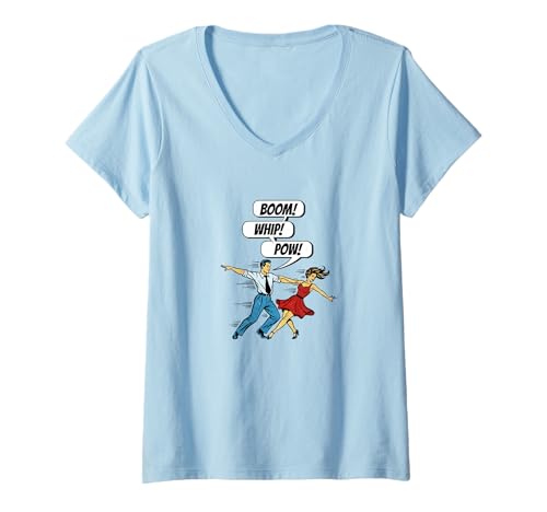 Damen Lustiger Retro Comic West Coast Swing Boom! Whip! Sugar Push! T-Shirt mit V-Ausschnitt von NANKANDOIT WCS Funny West Coast Swing Dance Gifts