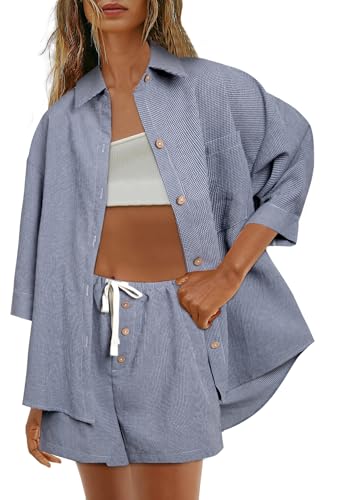 NANYUAYA Zweiteiler Damen Sommer Musselin Set 2-Teiler Lounge Sets Bluse und Shorts Kariertes Freizeit Anzug Strand Outfits Lässiger Freizeitanzug Elegant Oberteile Kleidung Hausanzug Y2k Clothes von NANYUAYA