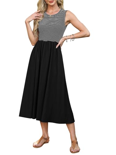 NANYUAYA Ärmelloses Gestreiftes Midikleid Damen Schule Lehrerin Outfit Erster Schultag Sommer Einschulungs Outfit Mädchen Tankkleid Modisches Teacher Kleid gestreift Gerippte Kleid Geschenkidee von NANYUAYA