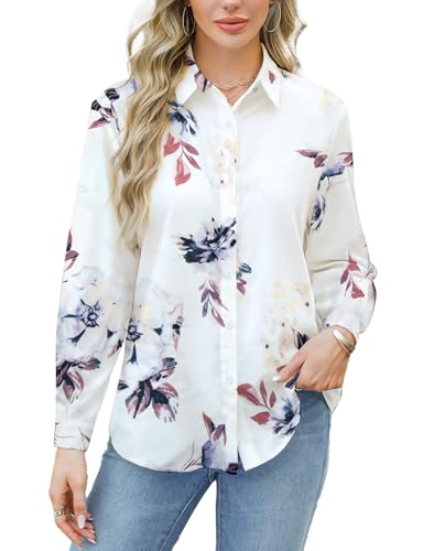 NANYUAYA Bluse Damen Elegant V-Ausschnitt Langarmshirt Button Down Bluse mit Blumenmuster Damen Langarm Tunika Oberteile von NANYUAYA