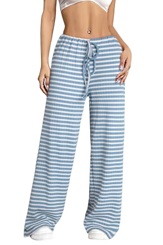 NANYUAYA Damen Hose Gestreifte Pyjamahose Lang Schlafanzughose mit Kordelzug Baumwolle Elastische Haushose Freizeithose von NANYUAYA