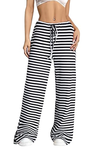 NANYUAYA Damen Hose Gestreifte Pyjamahose Lang Schlafanzughose mit Kordelzug Baumwolle Elastische Haushose Freizeithose von NANYUAYA
