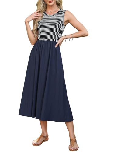 NANYUAYA Ärmelloses Gestreiftes Midikleid Damen Schule Lehrerin Outfit Erster Schultag Sommer Einschulungs Outfit Mädchen Tankkleid Modisches Teacher Kleid gestreift Gerippte Kleid Geschenkidee von NANYUAYA