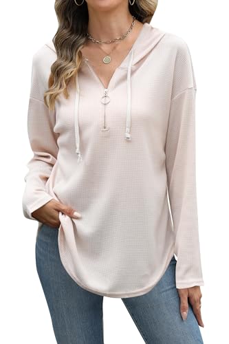NANYUAYA Hoodie Damen Kapuzenpullover Waffle 1/4 Zip Pullover Damen Sweatshirt Langarmshirt Oberteile Herbst Winter von NANYUAYA