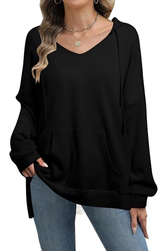 NANYUAYA Hoodie Damen Pullover V Ausschnitt Kapuzenpullover Oversized Sweatshirt Mit Seitenschlitz Langarm Oberteile von NANYUAYA