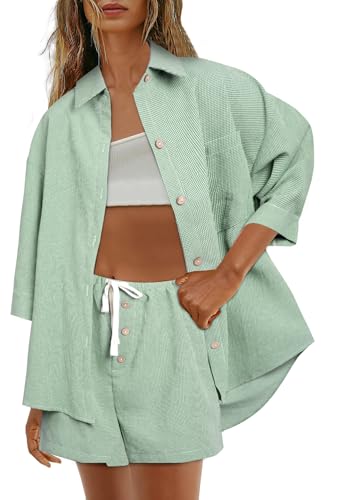 NANYUAYA Zweiteiler Damen Sommer Bluse Und Shorts Musselin Set Elegant Karierter Freizeit 2 Teiler Strand Outfit TrainingsanzüGe Two Piece Set Lounge Hausanzug Y2k Clothes von NANYUAYA