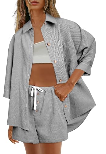 NANYUAYA Zweiteiler Damen Sommer Bluse Und Shorts Musselin Set Elegant Karierter Freizeit 2 Teiler Strand Outfit TrainingsanzüGe Two Piece Set Lounge Hausanzug Y2k Clothes von NANYUAYA