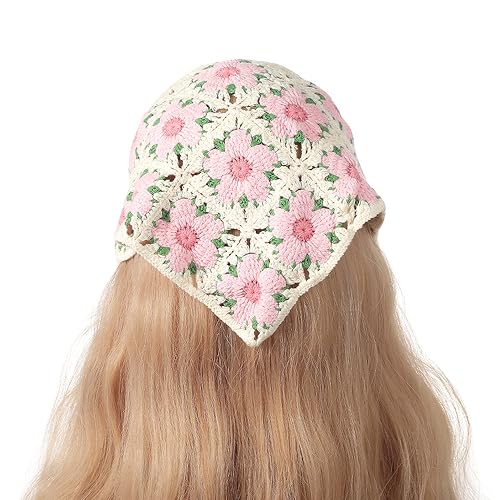 Beige Sonnenblumen-Haarband, 100% handgefertigt, gehäkeltes Haarbandana, Haarschal, Dreiecks-Stirnbänder, Häkel-Haarband, Kopftuch für Frauen und Mädchen von NANZU