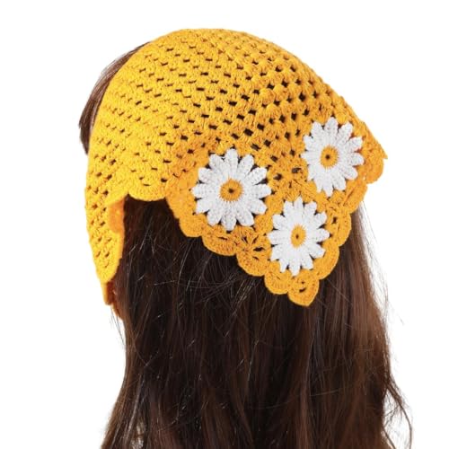 Gehäkelte Haar-Bandana-Tasche, Kopftuch, Kopf mit gewebter Gänseblümchen-Blume, Dreieckstuch, Strickband, Haarband von NANZU