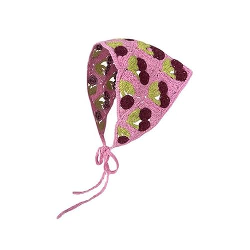 Pink Cherry Retro 100% handgefertigtes Häkel-Haarbandana, Haarschal, Dreiecks-Stirnbänder, Häkel-Haarband, Kopftuch für Frauen und Mädchen von NANZU