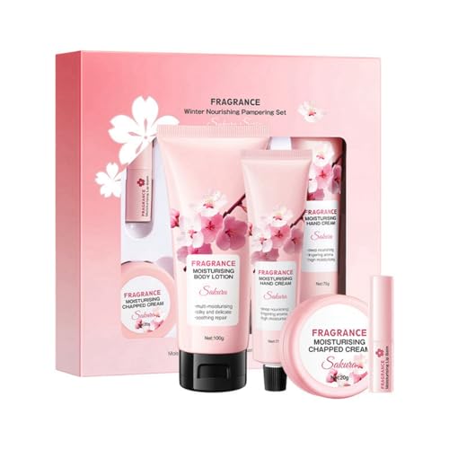 NAOLVE Sakura Hautpflege Set, Hauttäglich Feuchtigkeit Hautpflege Set, Sakura Skincare Set mit Körperlotion, Handcreme, Lippenbalsam und Creme Gegen Rissige, Für Alle Hauttypen Geeignet von NAOLVE