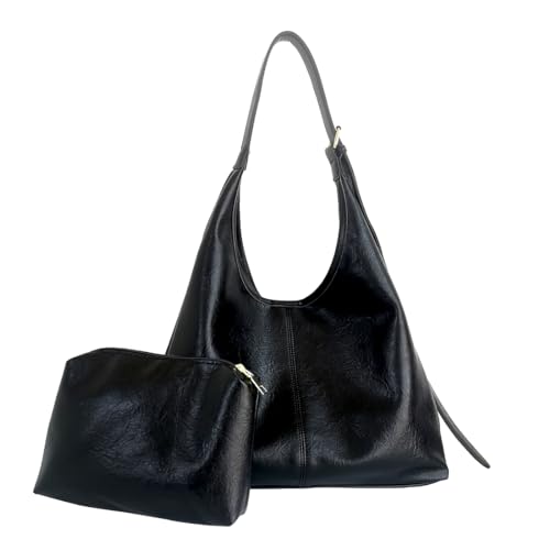 NAOYQ Hobo Damen Taschen Set 2pcs,The Tote Bag,handtasche damen groß,Tragetasche,schultertasche damen mit geldbörse vintage Schwarz von NAOYQ