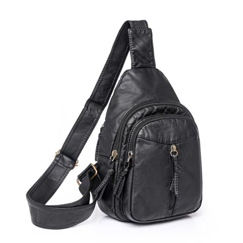 NAOYQ Klein Brusttasche Damen Crossbody Sling Bag Rucksack weich Pu leder umhängetasche damen schultertasche Schulter Tasche vintage für Outdoor Sport Freizeit Schwarz von NAOYQ