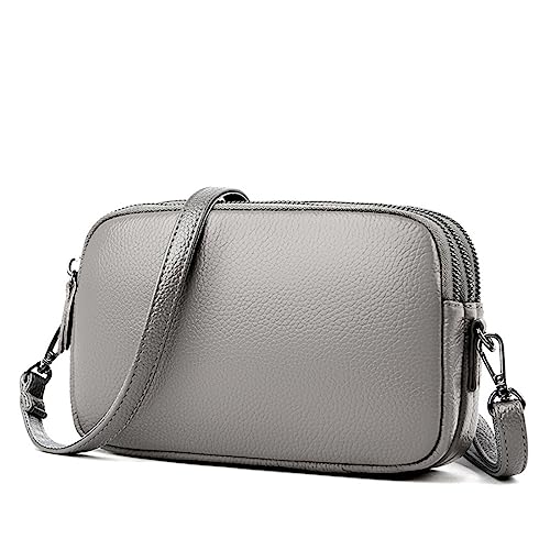 NAOYQ Tasche Damen klein umhängetasche echtes Leder Crossbody Bag Damen mit DREI Reißverschlussfächern Leichter Vintage Multifunktion Schultertasche Handytasche Handtasche klein Grau von NAOYQ