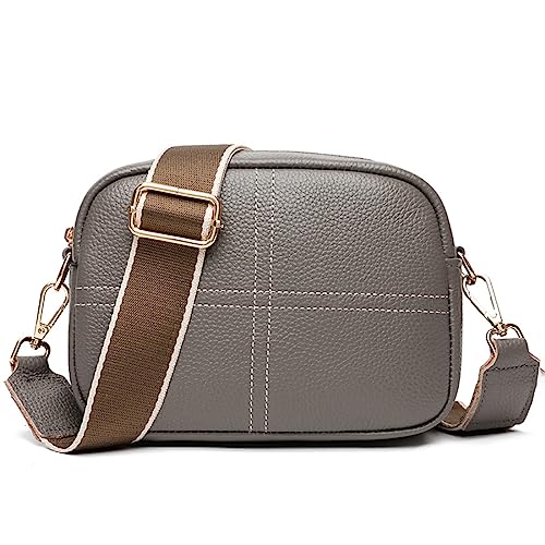 NAOYQ umhängetasche Damen klein Vintage Crossbody Tasche Damen umhängetasche echtes Leder handtaschen zum umhängen Ledertasche Damentasche Schultertasche mit breitem Gurt Grau von NAOYQ