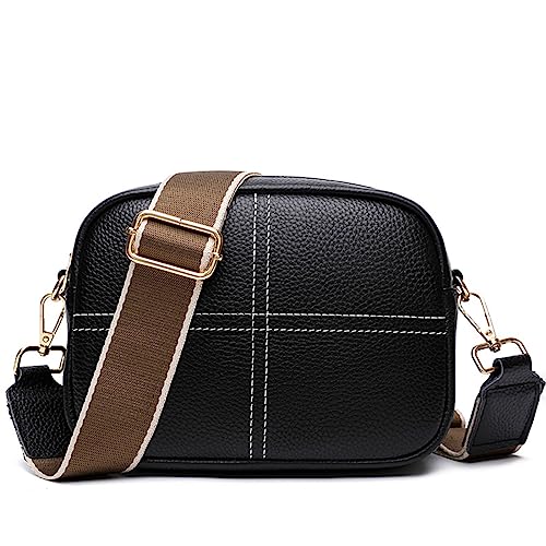 NAOYQ umhängetasche Damen klein Vintage Crossbody Tasche Damen umhängetasche echtes Leder handtaschen zum umhängen Ledertasche Damentasche Schultertasche mit breitem Gurt Schwarz von NAOYQ