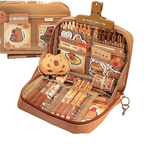 NAPIMICO Niedliches Capybara Federmäppchen mit 12 Fächern, 90° breite Öffnung, Federmäppchen mit Kawaii-Pins, Plüsch, süßes Schreibwaren (braun) von NAPIMICO