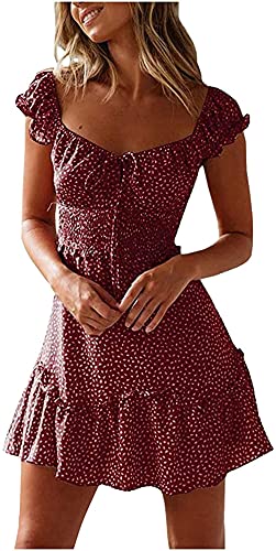 Blumen Sommerkleid Damen Vintage Minikleid High Waist Gesmoktes Kleid Damen Polka Dot Blumenmuster Rüschensaum Spaghetti Träger Volant Kleid Sommerkleid Freizeit Kleider von NAQ