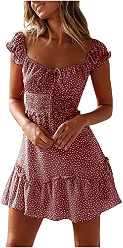 Blumen Sommerkleid Damen Vintage Minikleid High Waist Gesmoktes Kleid Damen Polka Dot Blumenmuster Rüschensaum Spaghetti Träger Volant Kleid Sommerkleid Freizeit Kleider von NAQ