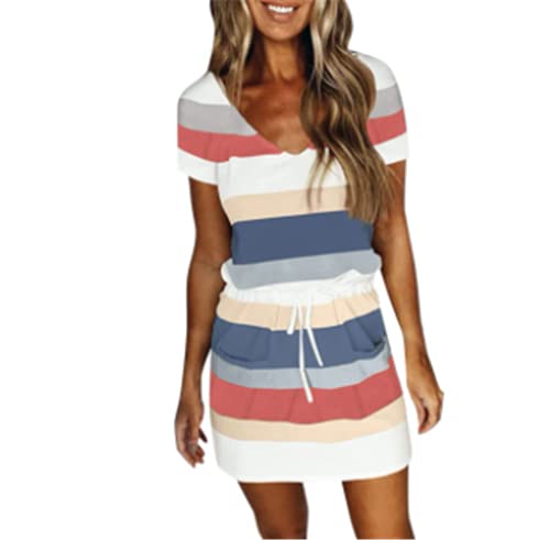 Damen Kleid mit V-Ausschnitt Sommer Elegant Streifen Loose T-Shirt Kleid mit Elegant Kurze Strand Freizeitkleider Damen Gestreift Ärmellos Sommermode Schulterkleid Strandkleider von NAQ
