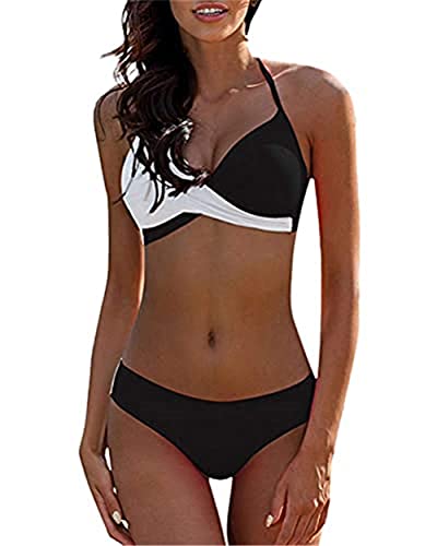 NAQ Ailovone Damen Push Up Bikini Set Halter V Ausschnitt Sportlich Oberteil Bikinihose Sexy Neckholder Swimsuit Strandkleidung Crossover Triangel Strandbikini Damen Zweiteilige Badeanzug von NAQ