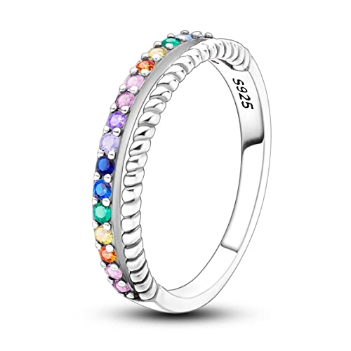 NARMO 925 Ring Sterling Silber Bunte Regenbogen Cubic Zirkonia Ringe Dünner Ring für Frauen Mädchen Größe 60mm von NARMO