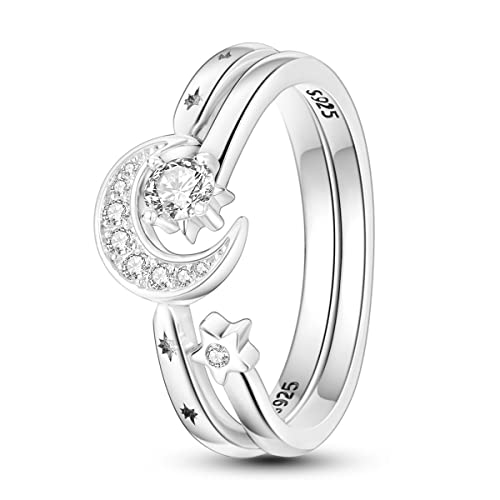 NARMO 925 Ring für Frauen Sterling Silber Stern und Mond Ringe Cubic Zirkonia Statement Ring Größe 60mm von NARMO