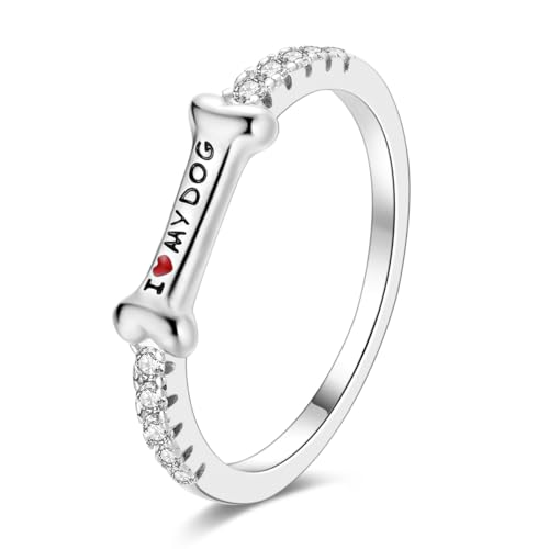 NARMO 925 Silber Sterling Cubic Zirkonia Ring Lettering Ich LIEBE meinen Hund Personalisierte Knochen Ring für Frauen Mädchen Statement Ringe Größe 52mm von NARMO