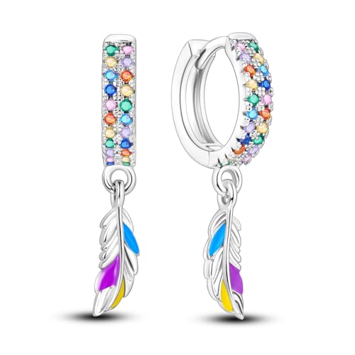 NARMO 925 Sterling Silber Dangle Drop Ohrringe Bunte Feder Drop Ohrringe Hoop Ohrringe für Frauen Mädchen Cubic Zirkonia hypoallergene Ohrringe von NARMO